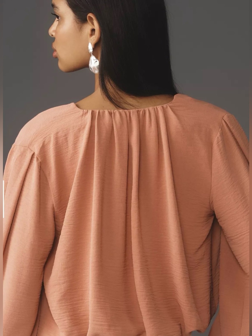 Bishop + Young Bubble Hem Long-Sleeve Blouse, Cropped, V Neck, Pink, Size M - Picture 4 of 16